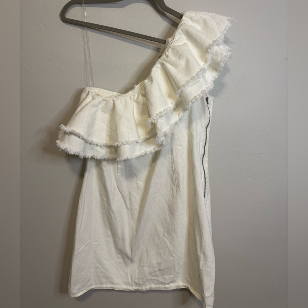 White Jean One-Shoulder Ruffle Dress